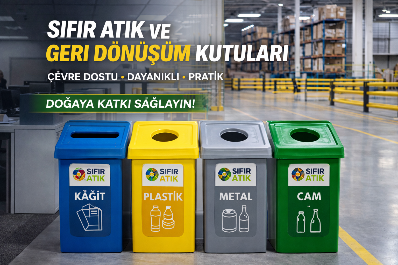 Sıfır atık ve geri dönüşüm kutuları, kağıt plastik metal ve cam atıklar için ayrıştırma sistemi